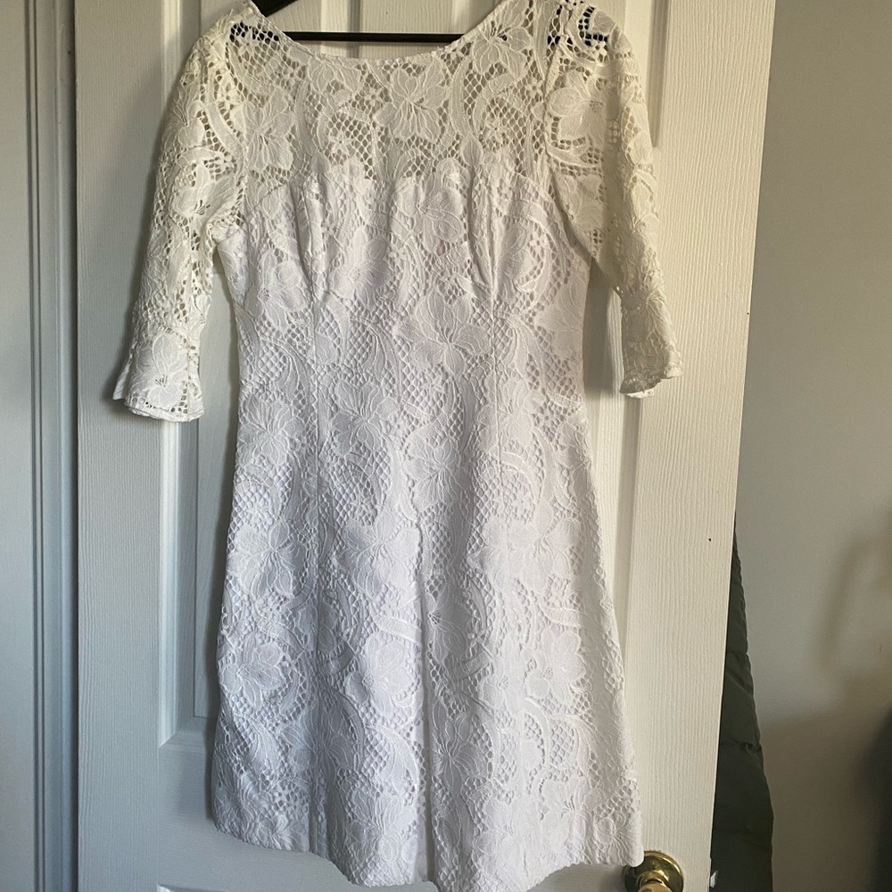 Lilly Pulitzer Cream Midi Sheath Dress with 3/4 Cuffed Sleeves and Scoop Neck